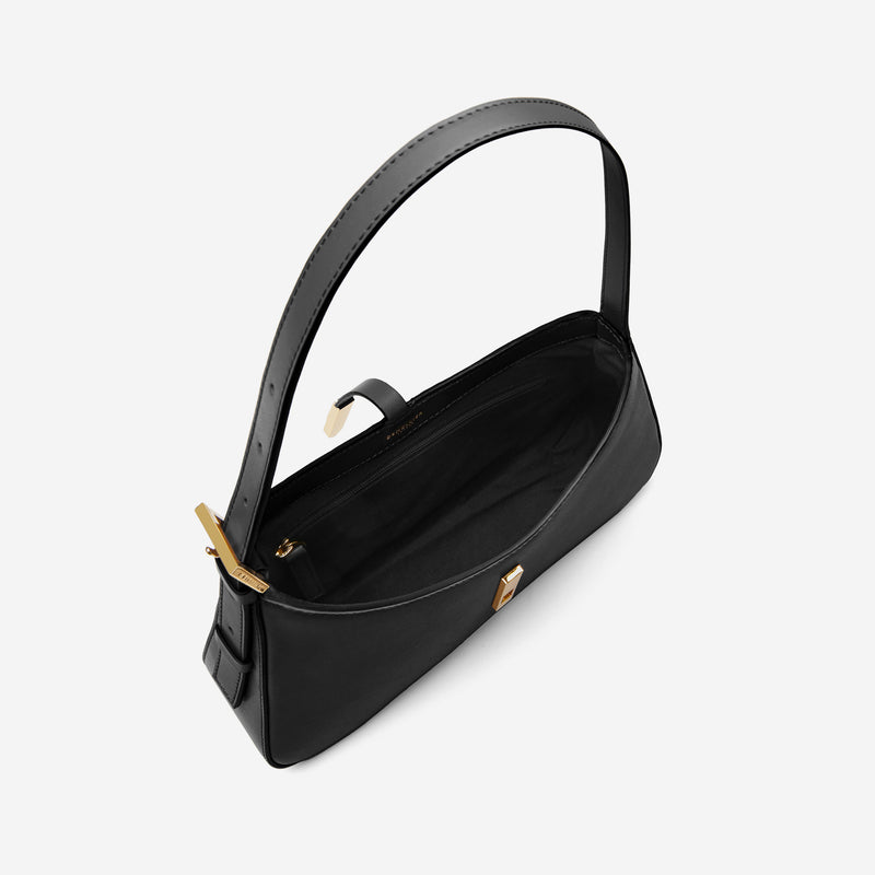 Black Baguette Bag Zipper PU Elegant Small