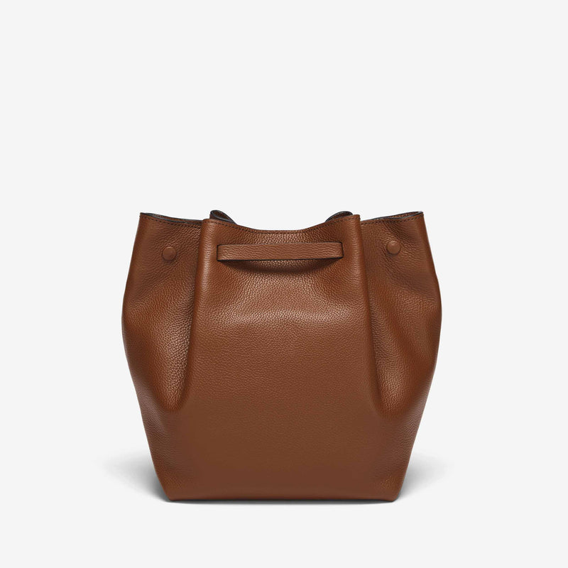 Demellier | The New York Large Bucket in Tan Small Grain Ecru Stitching | Leather Shoulder Bag