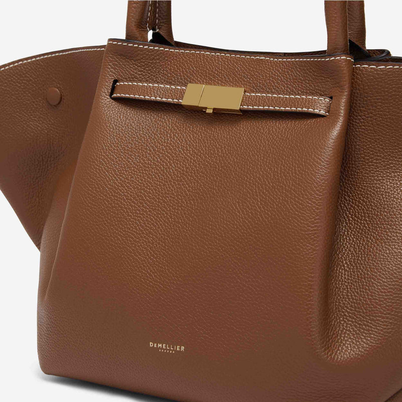 Demellier | The New York Large Bucket in Tan Small Grain Ecru Stitching | Leather Shoulder Bag